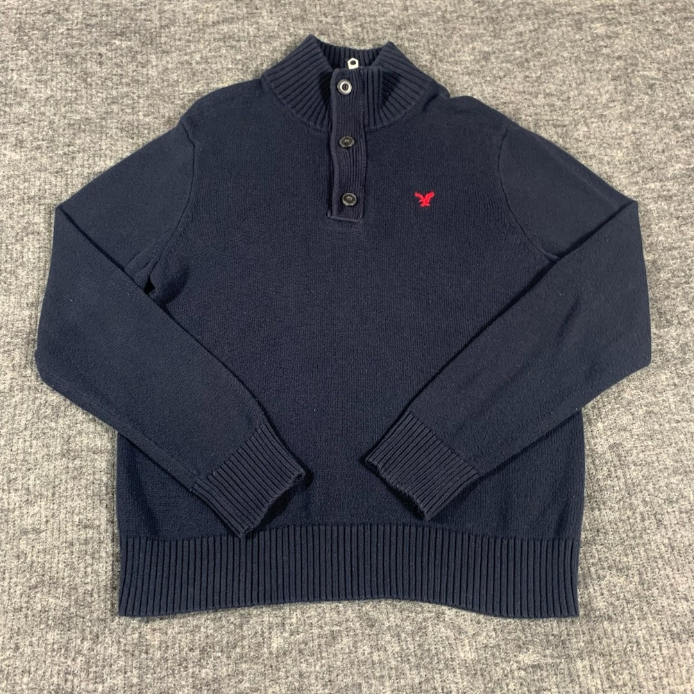 American Eagle Sweater Mens Large Blue Athletic Fit Slim Mock Henley Neck Preppy